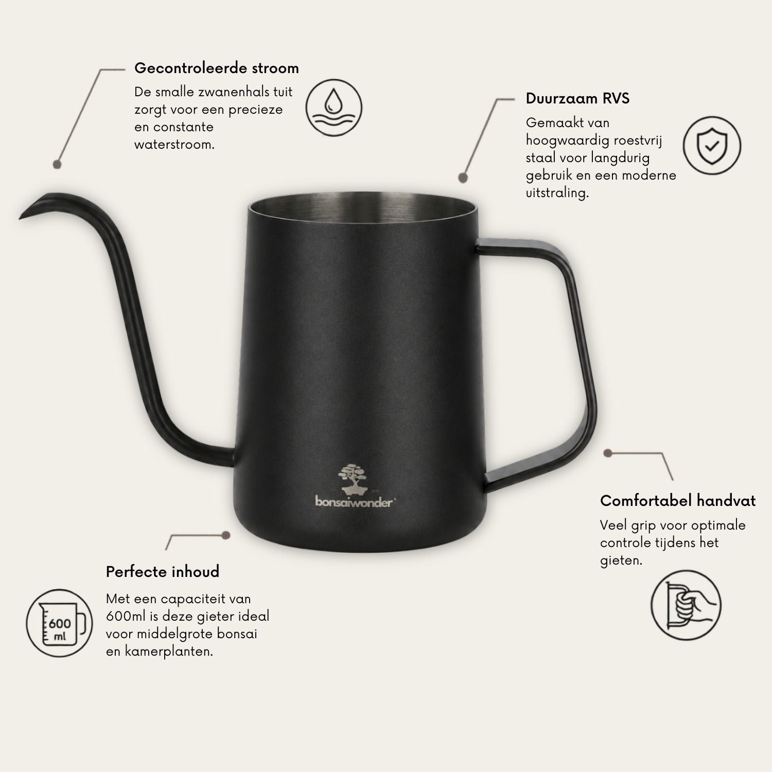 Watering Can Stainless Steel - 600ml (black)